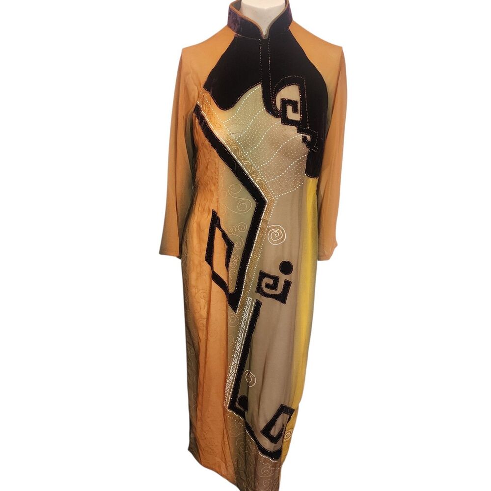 Vintage Abstract Art Dress Sheer Overlay Midi Long Sleeve Artwear Boho